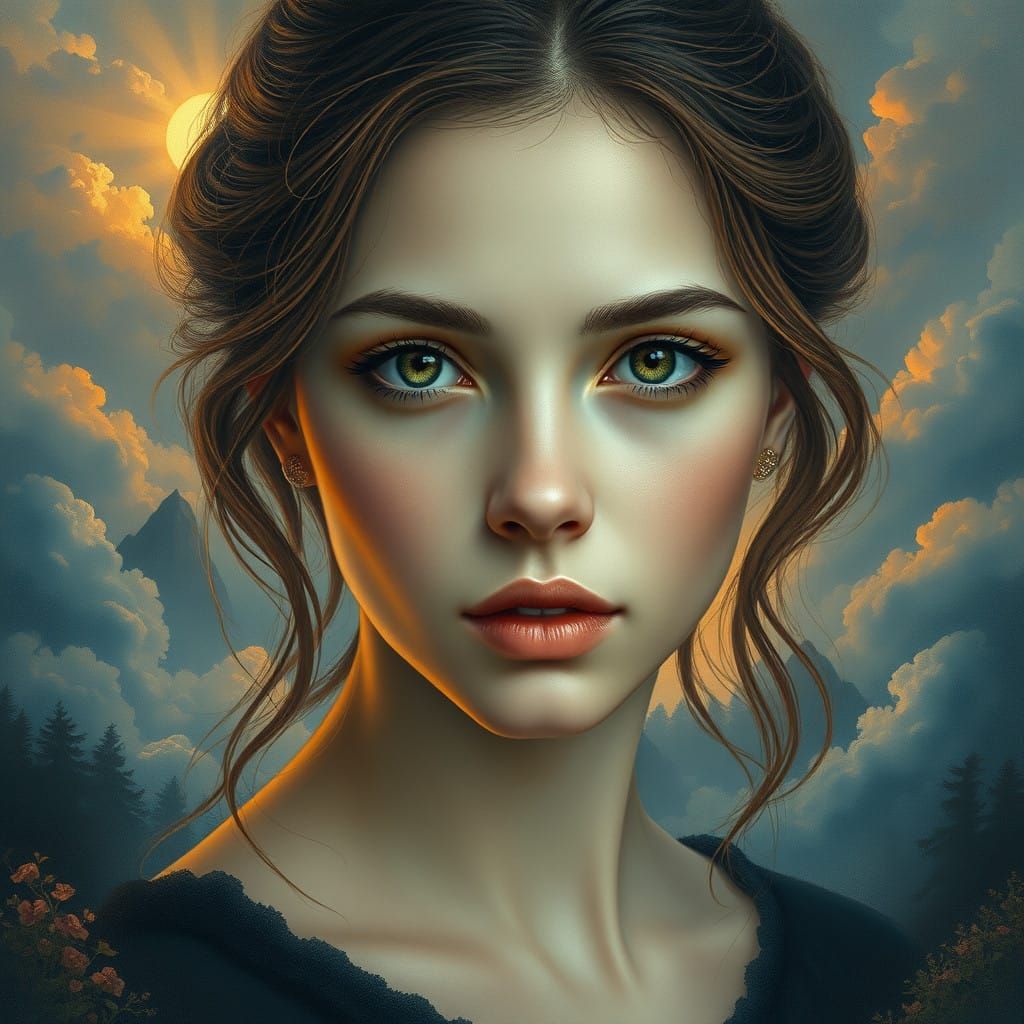 Young Woman in Dreamscape, Cyberpunk Fantasy Art