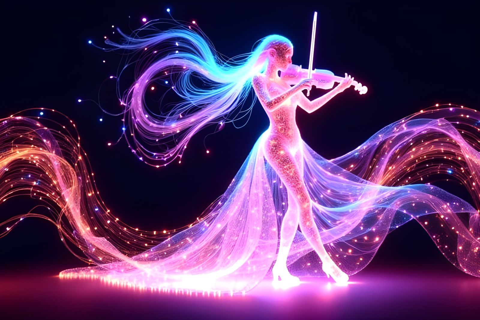 Female Violinist Made of Fairy Lights