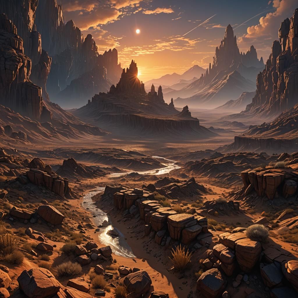 Fiery Sunset Over Desert with Planets, Dark Fantasy Art