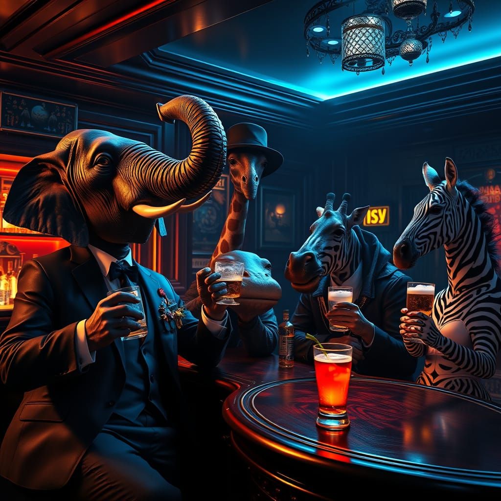 Luxurious Bar Scene with Exotic Animals in 1920s Speakeasy S...