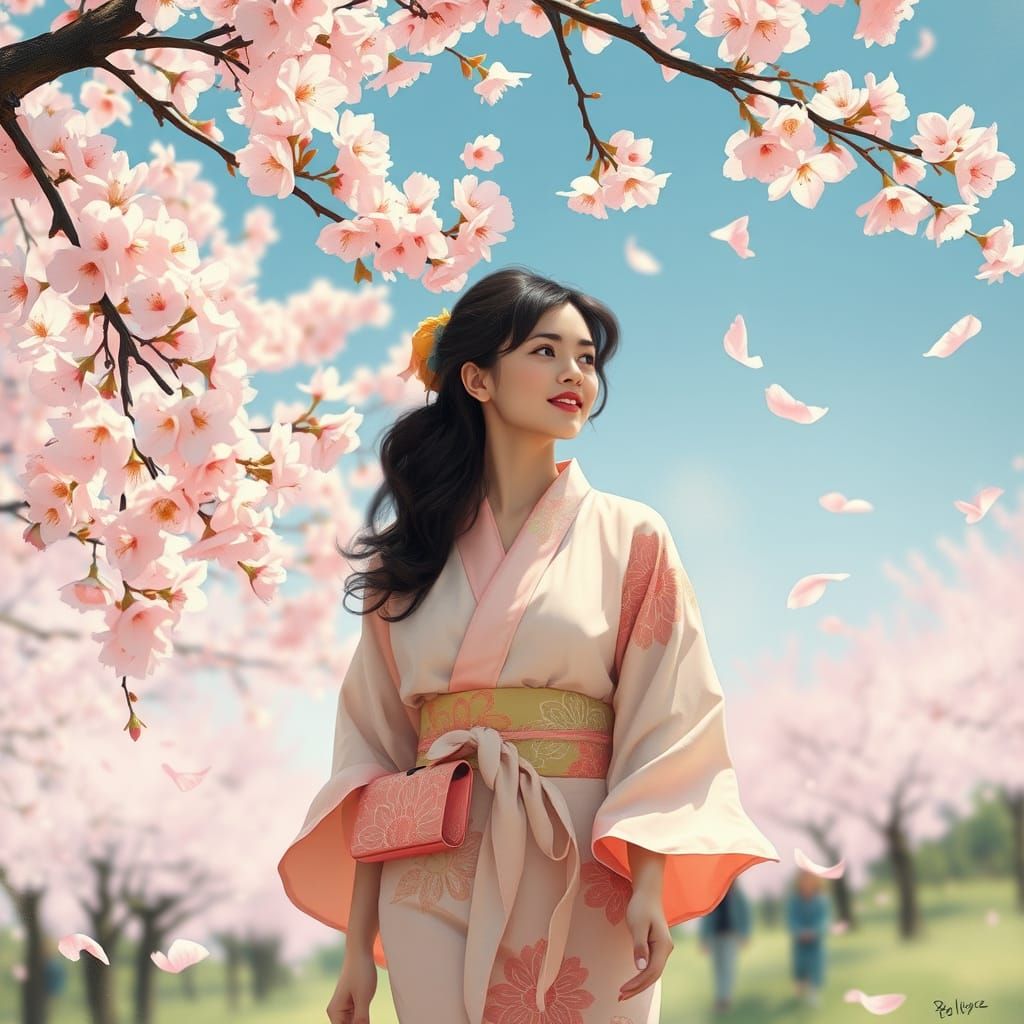 Woman in Kimono Under Cherry Blossoms: Art Nouveau Style
