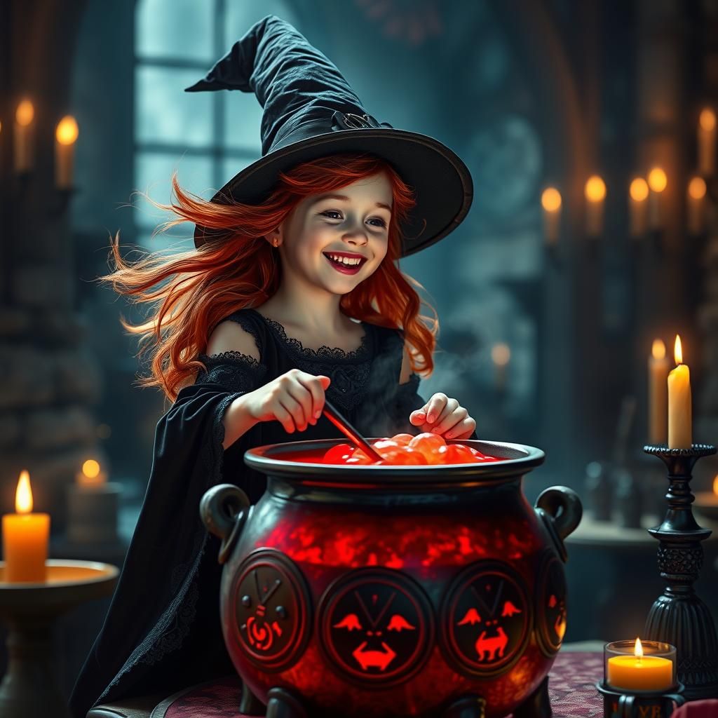 Joyful Witch Stirring Potion, Fantasy Matte Painting