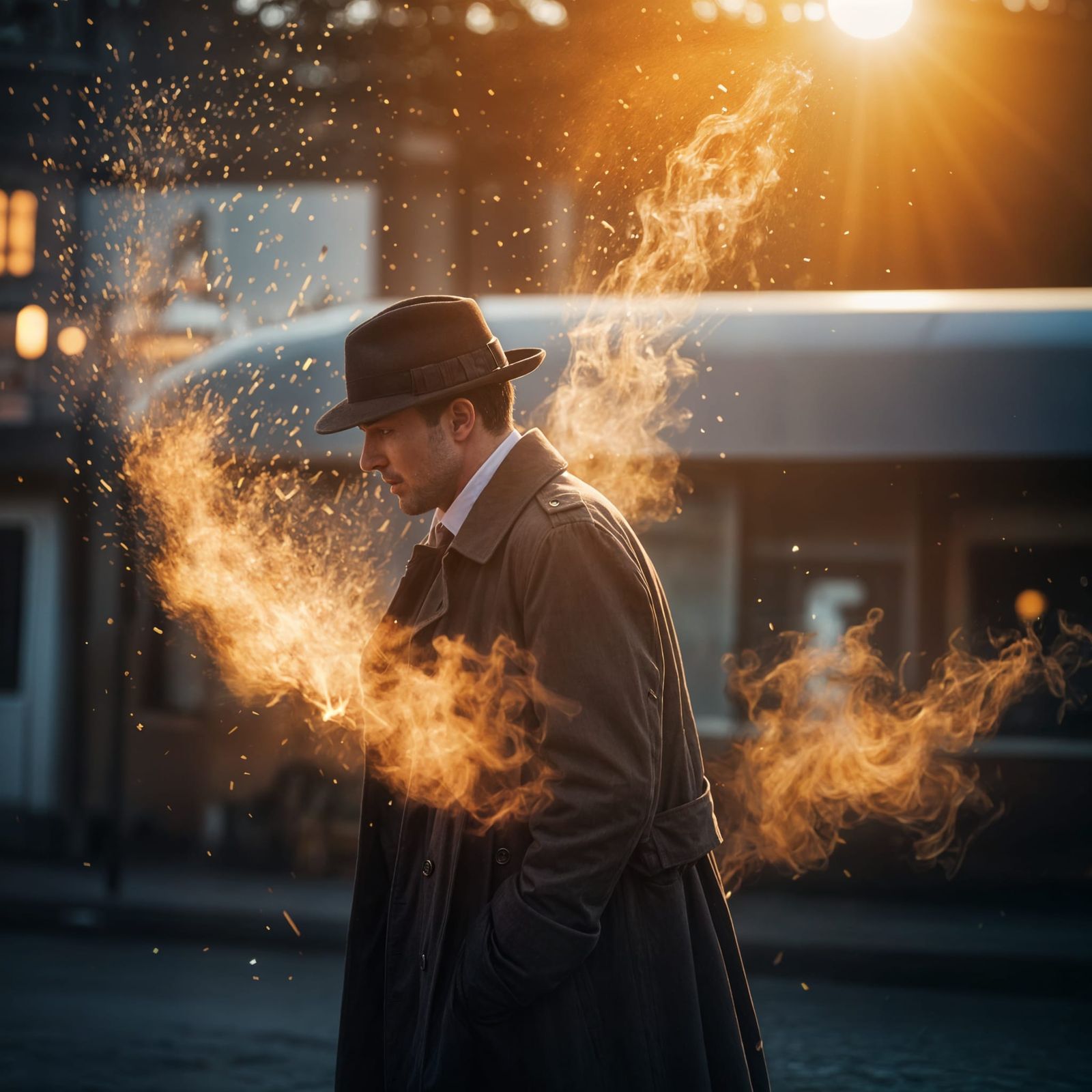 Man in Trench Coat Watches Fedora Hat Blown Away