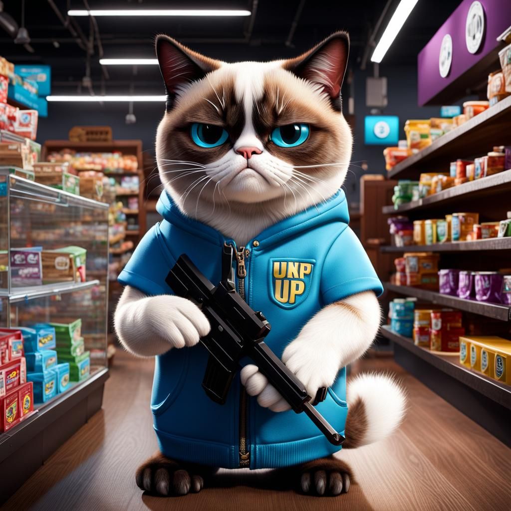 Grumpy Cat Robbery in Hyperrealistic Style
