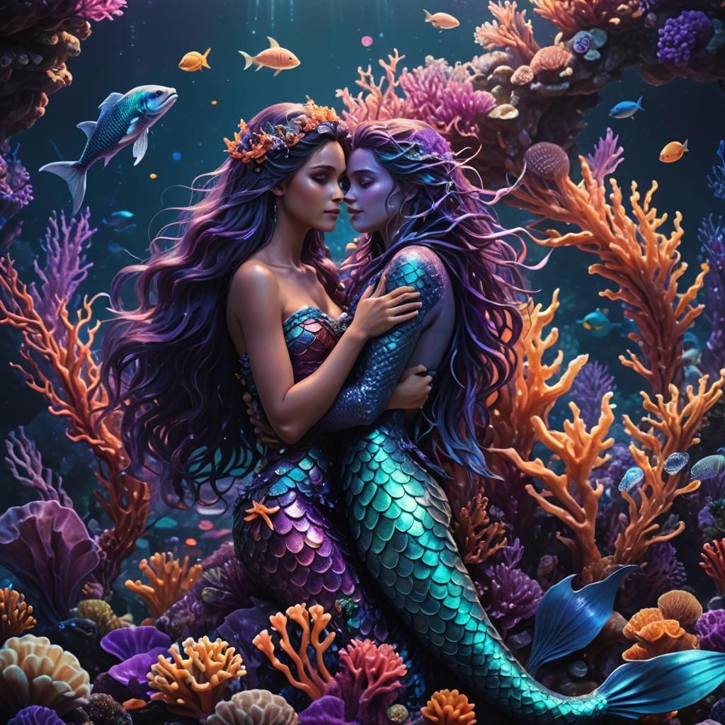 Oceanic Mermaid Embrace in Dark Fantasy Style