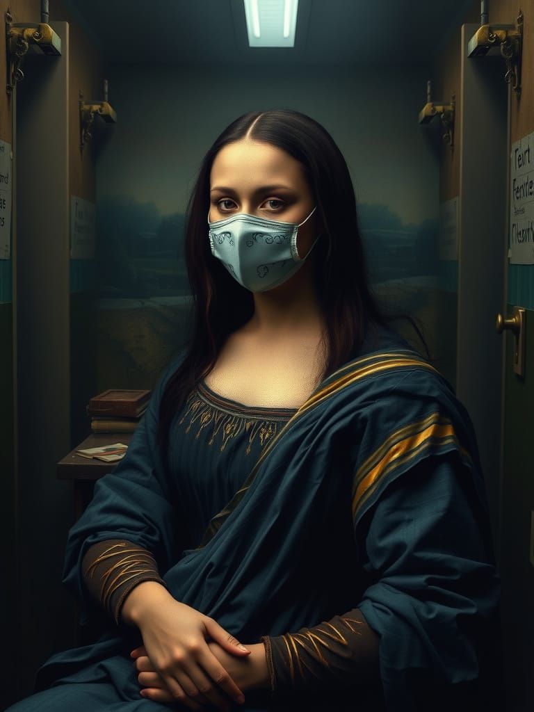 Surreal Masked Mona Lisa in Asylum Setting