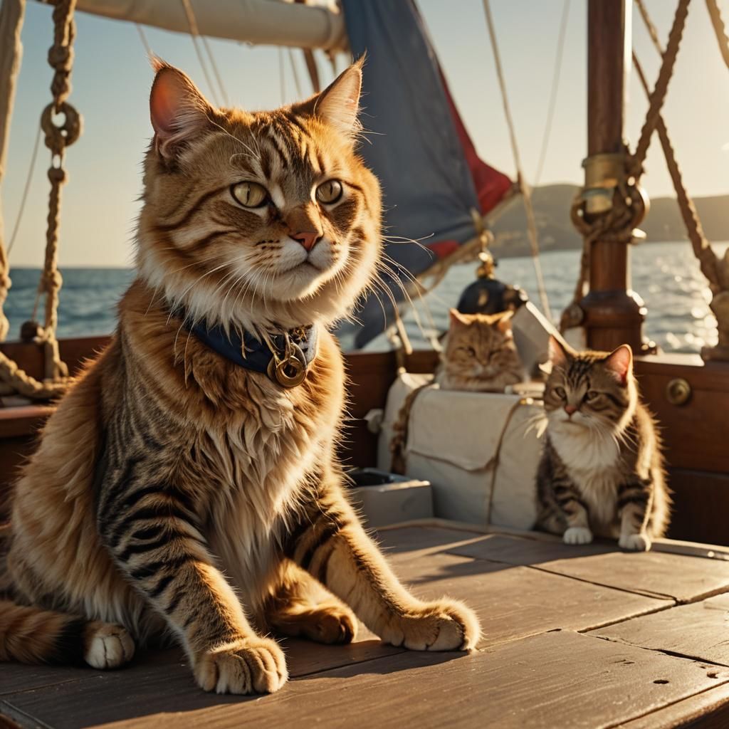 Cat Captain Commands Sleeping Sailors: Cinematic Film Still
