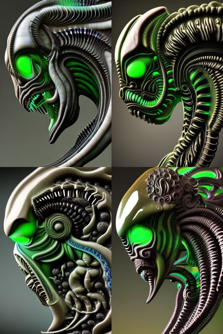 Opalescent Xenomorph Sculpture in 3D with Neon Lighting