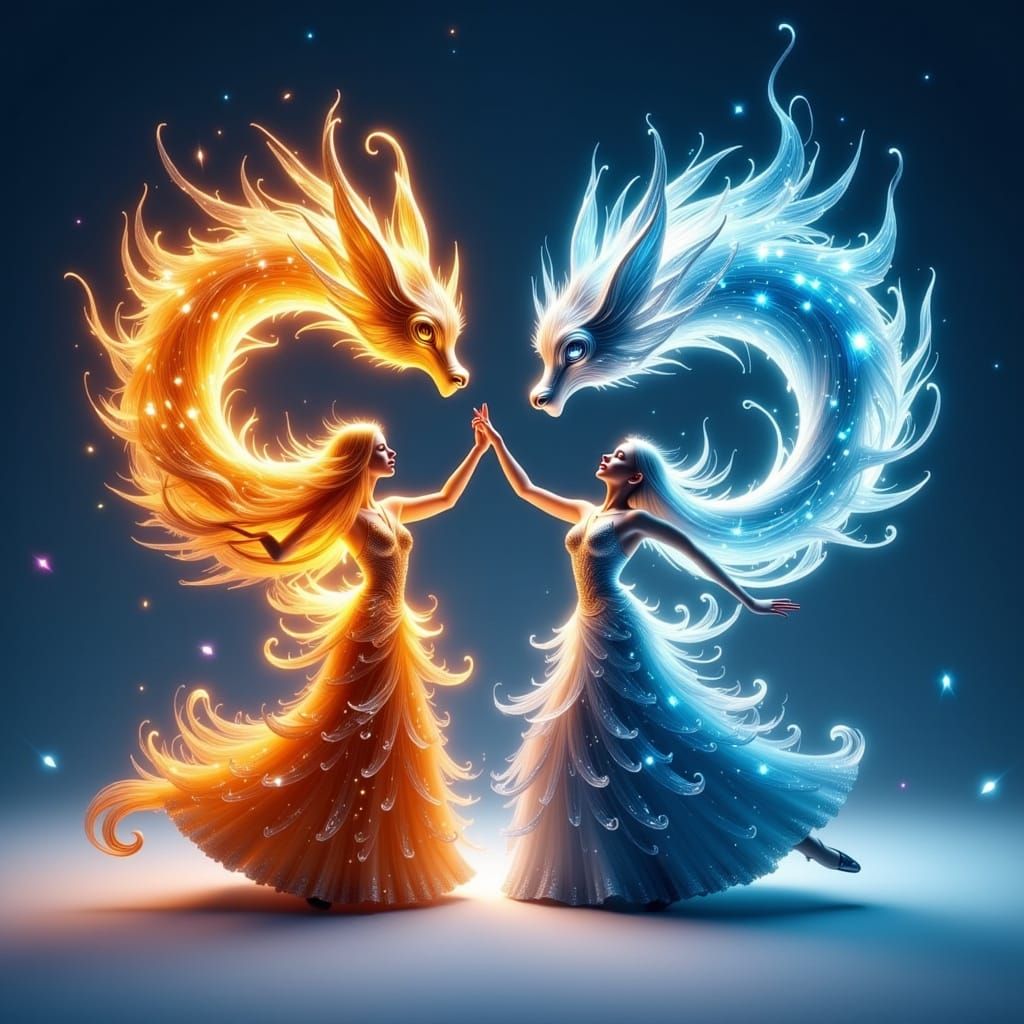 Dancing Mythical Creatures Forming Fire and Ice Tornado