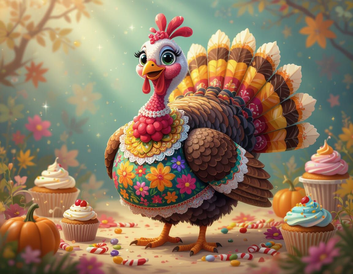 Whimsical Cartoon Turkey in Ornate Thanksgiving Dress