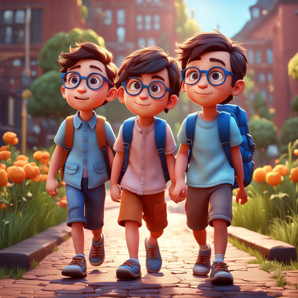 Cute Kids Go to School in Pixar Style 3D