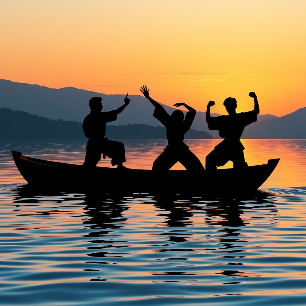 Karate Masters in Serene Lake Landscape, Traditional Boat, a...