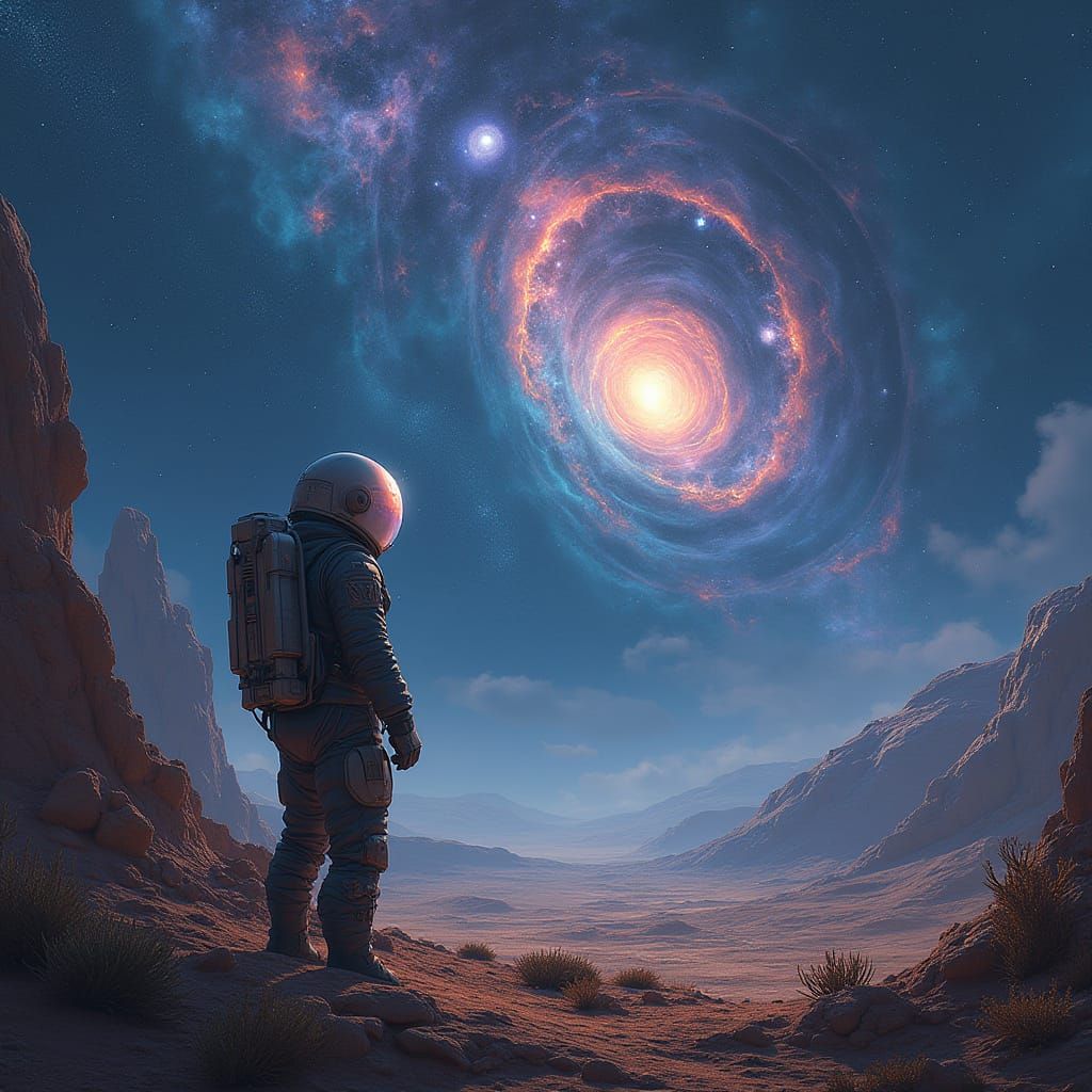 Astronaut Contemplates Cosmic Wonder on Barren Alien Planet