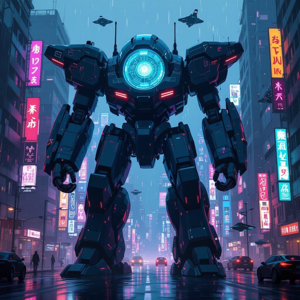 Futuristic Anime Mech with Neon Visor Screen Helmet