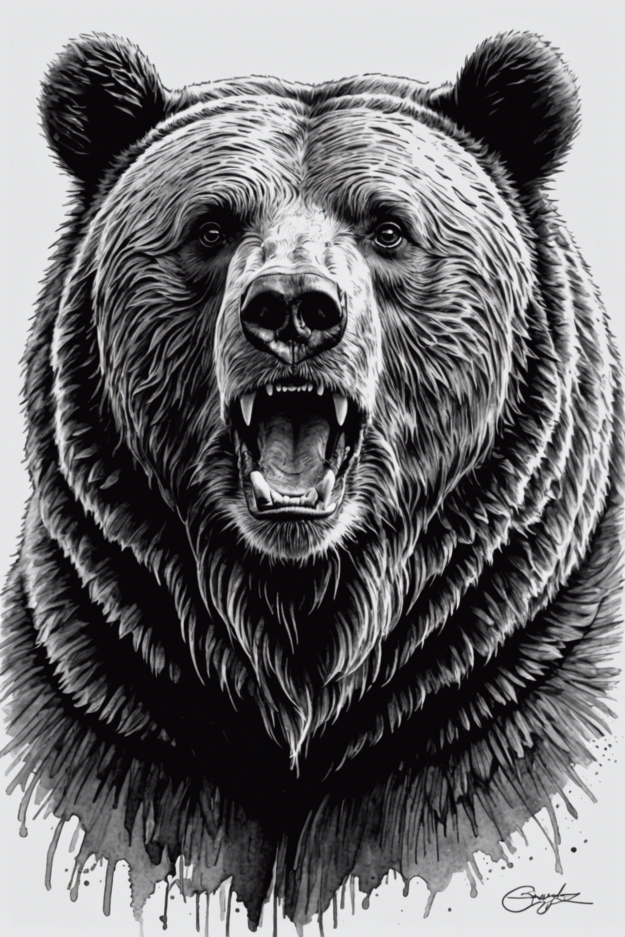 Grayscale Sketch: Surprised Obese Grizzly Bear Portrait