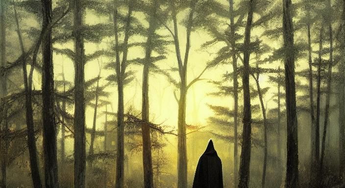 Sinister Hooded Figure in Sunset Forest