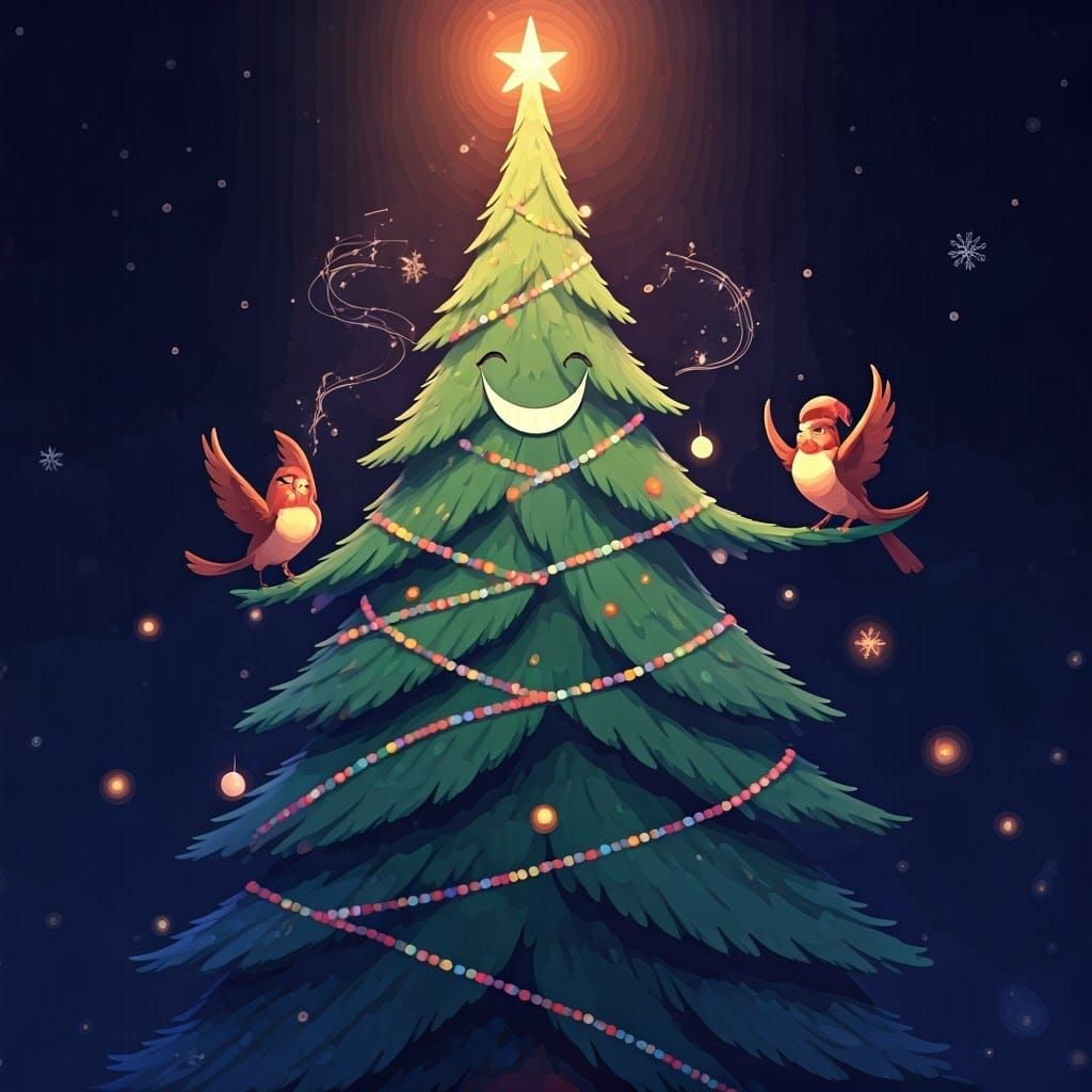 Vibrant Anamorphic Christmas Tree with Joyful Songbirds in F...