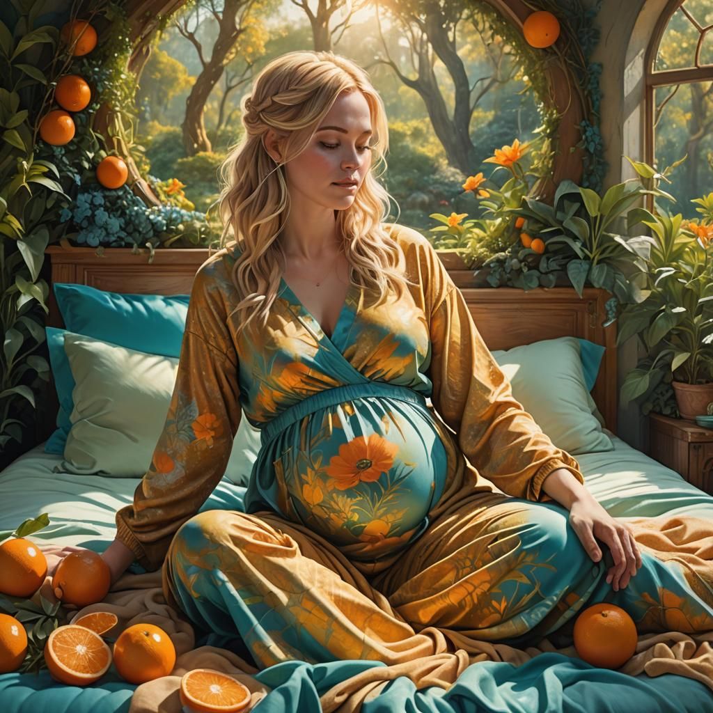 Pregnant Woman Stroking Belly: Fantasy Oil Painting