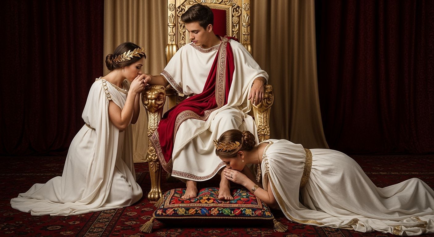 Roman Emperor on Throne with Kissing Princess and Empress