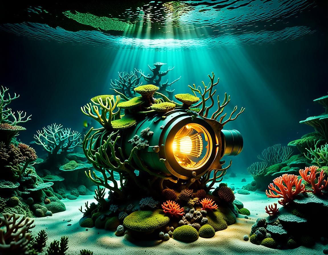 Eerie Sunken Ship Lamp in Underwater Scene