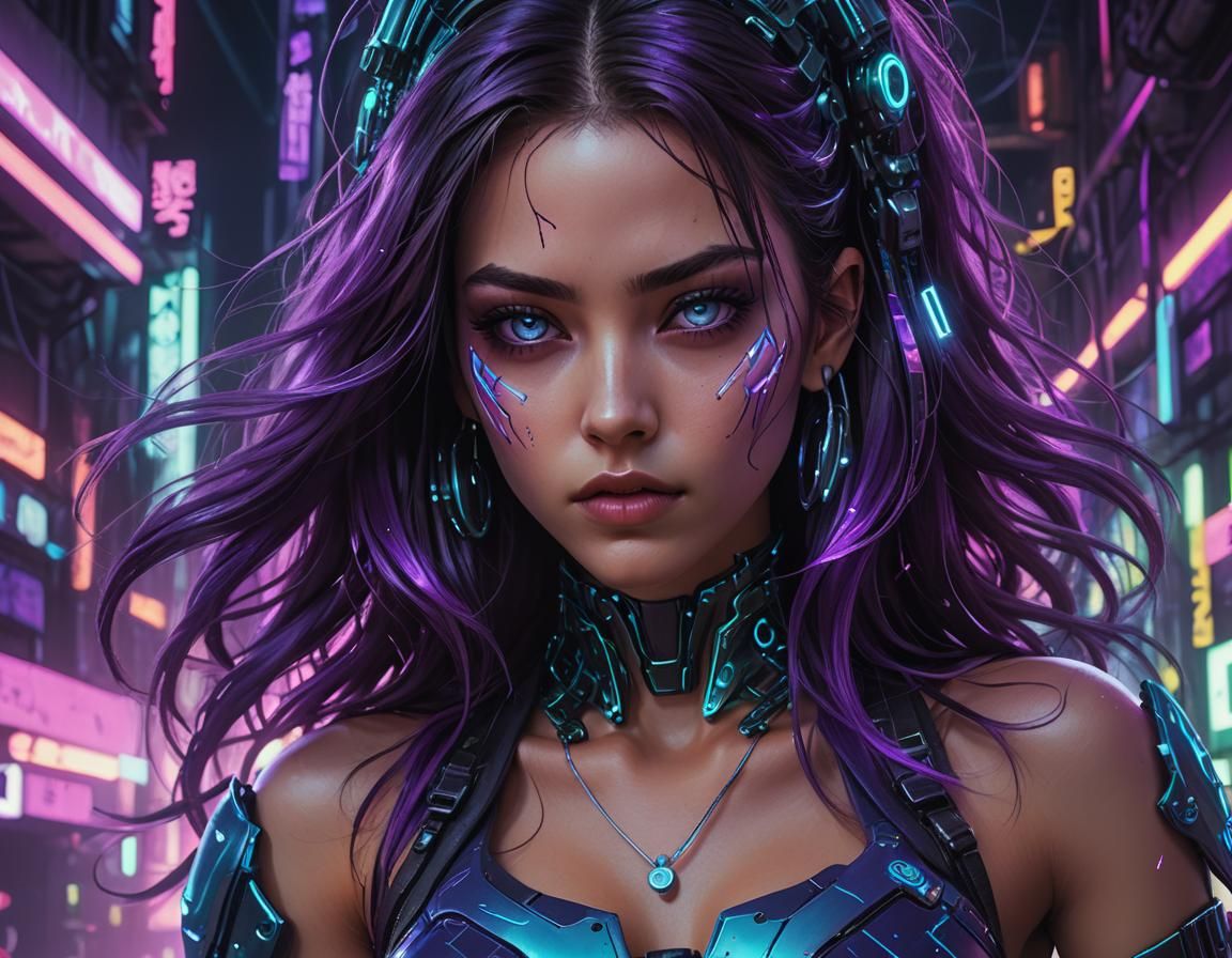 Cyberpunk Girl with Glowing Eyes in Neon Cityscape