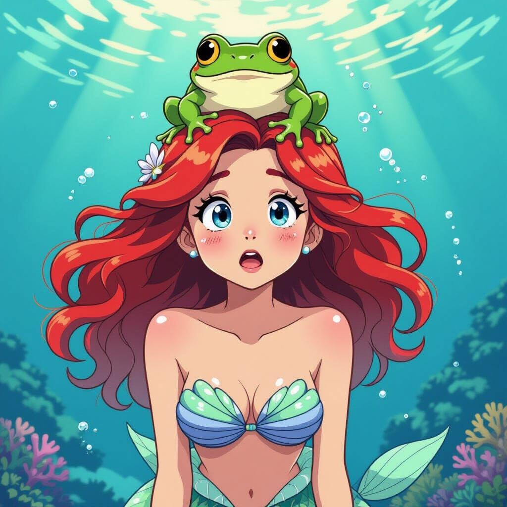 Surprised Mermaid with Frog, Animated Style