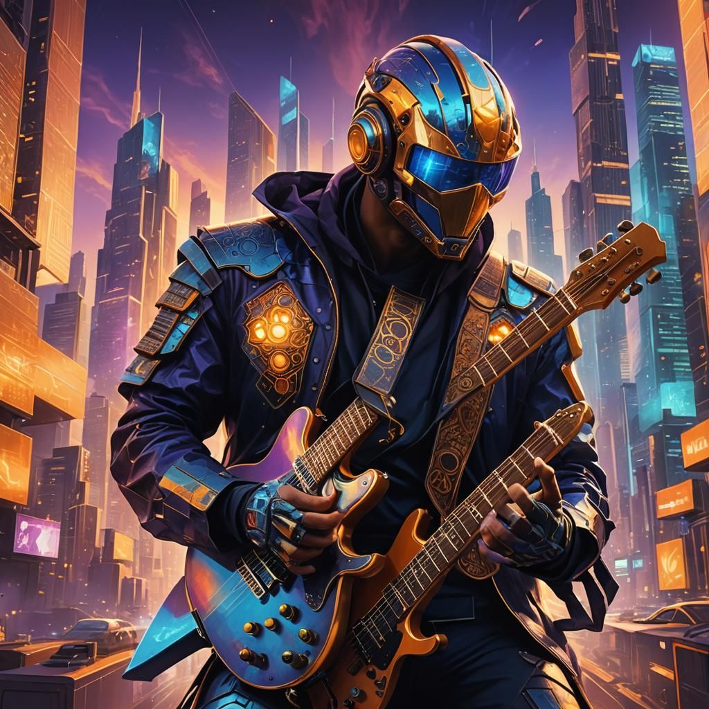 Futuristic Guitarist in Neon Cityscape Concept Art