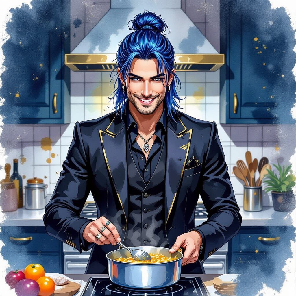 Gothic Chef with Blue Hair Prepares Dinner