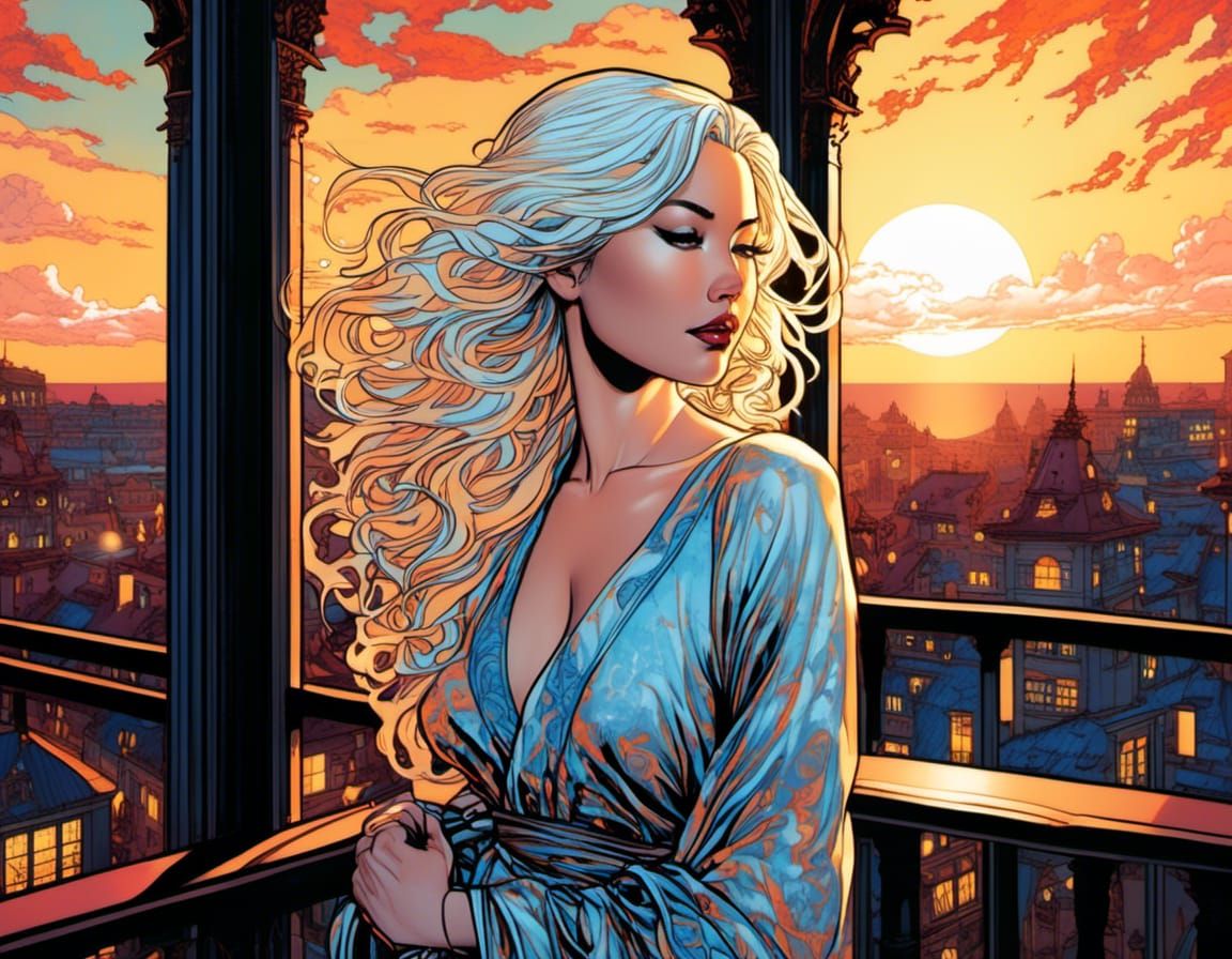 Albino Japanese Goddess Portrait in Dreamy Cel-Shaded Style