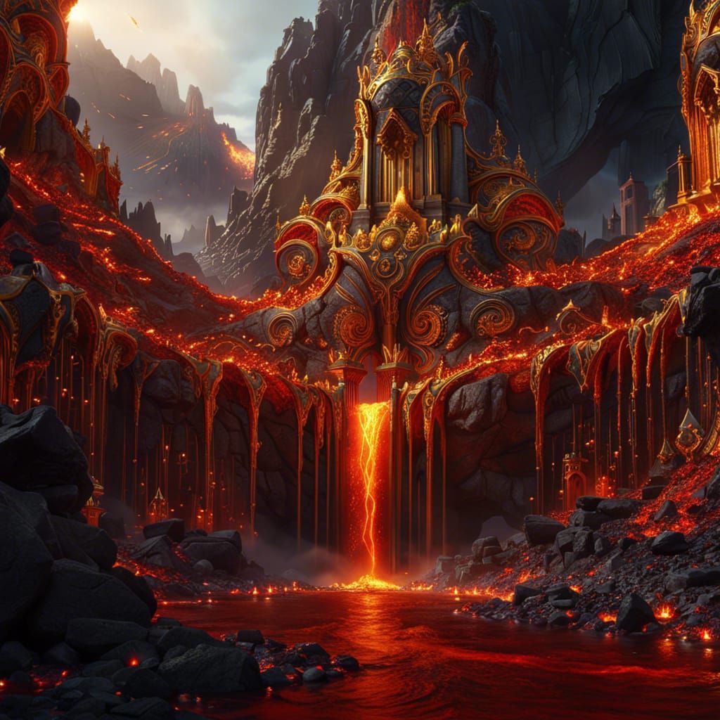 Golden Atlantis with Silver Waterfalls: Fantasy Concept Art