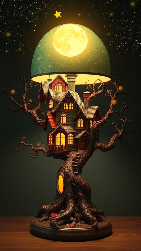 Desktop lamp made of a twisted ancient bonsai with victorian...