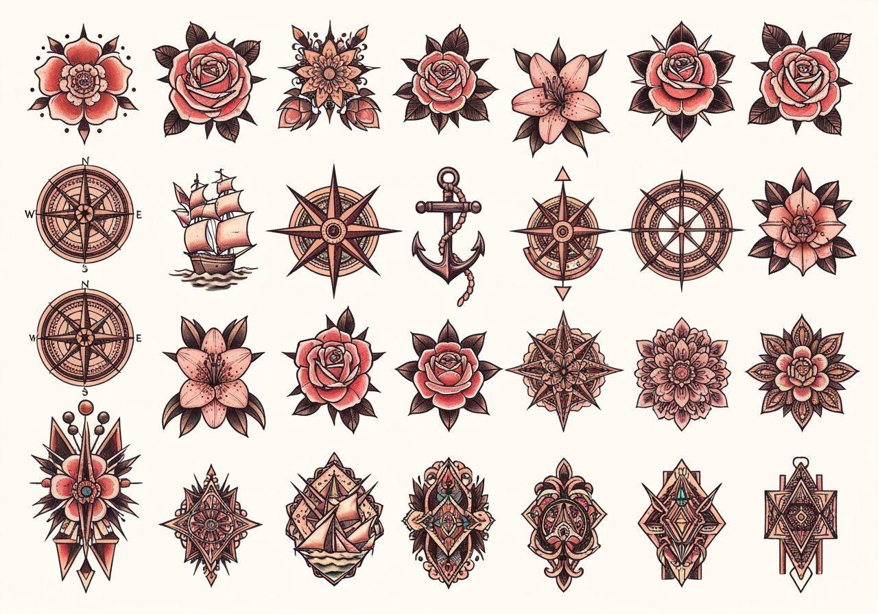 Flash Tattoo Sheet with Floral and Geometric Designs