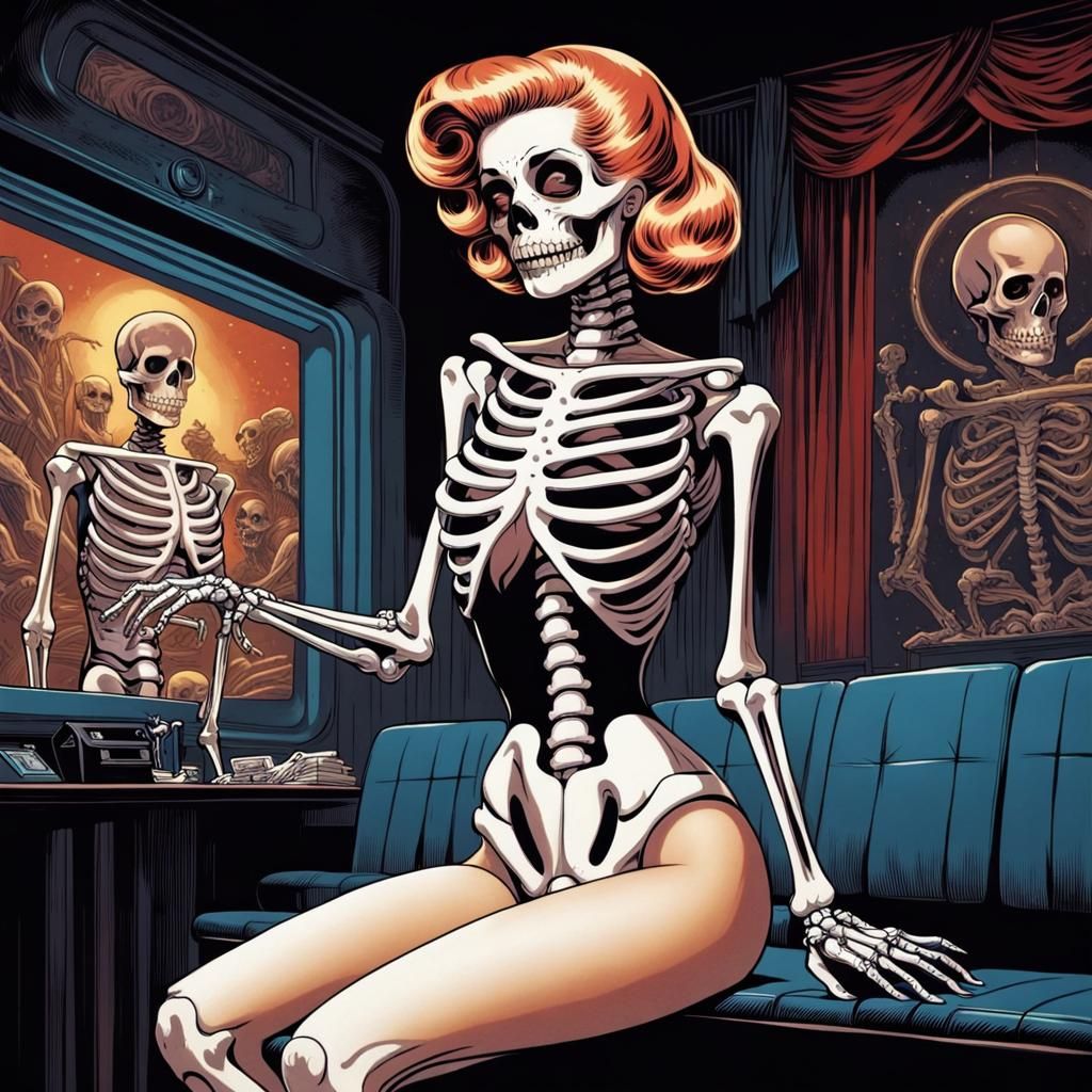 1950s Skeleton Pinup at the Movies: Comic Art