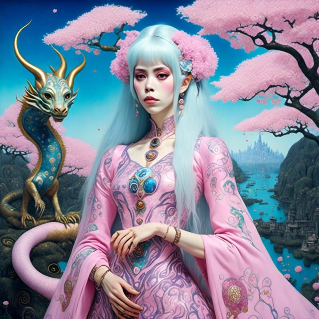 Sakura, Dragon, and Woman in Pastel Hues