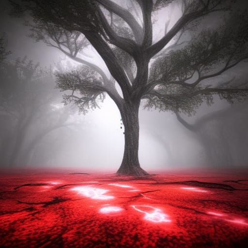 Dark Fantasy Oak Tree in Fog: Hyperdetailed Art