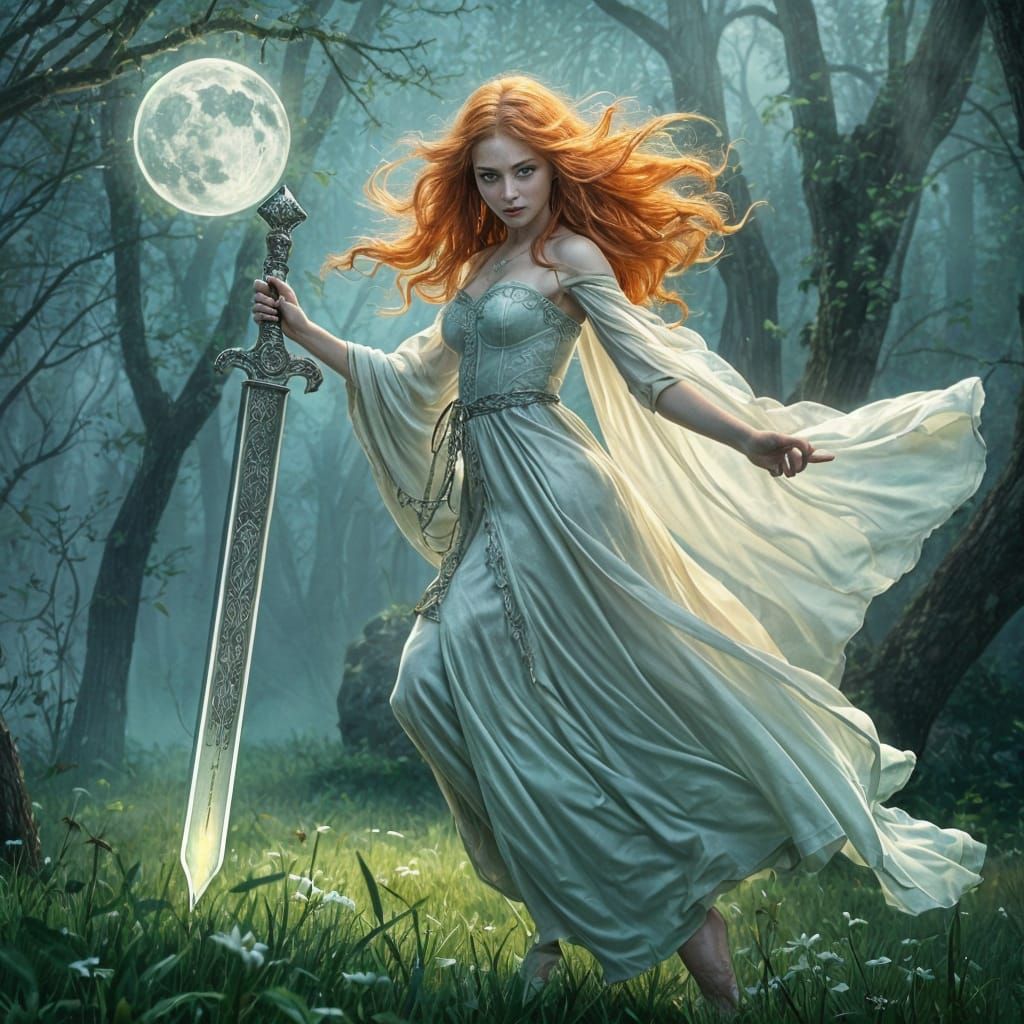 Celtic Sorceress in Moonlit Misty Forest