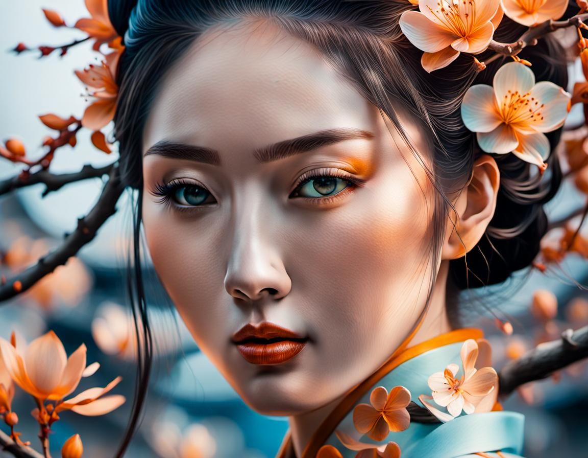 Beautiful Asian Girl in Japanese City: Watercolor Art