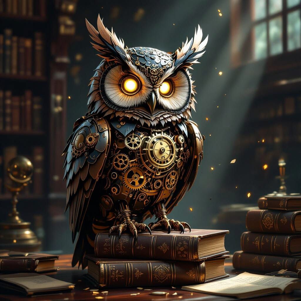 Steampunk Clockwork Owl on Books in Victorian Study