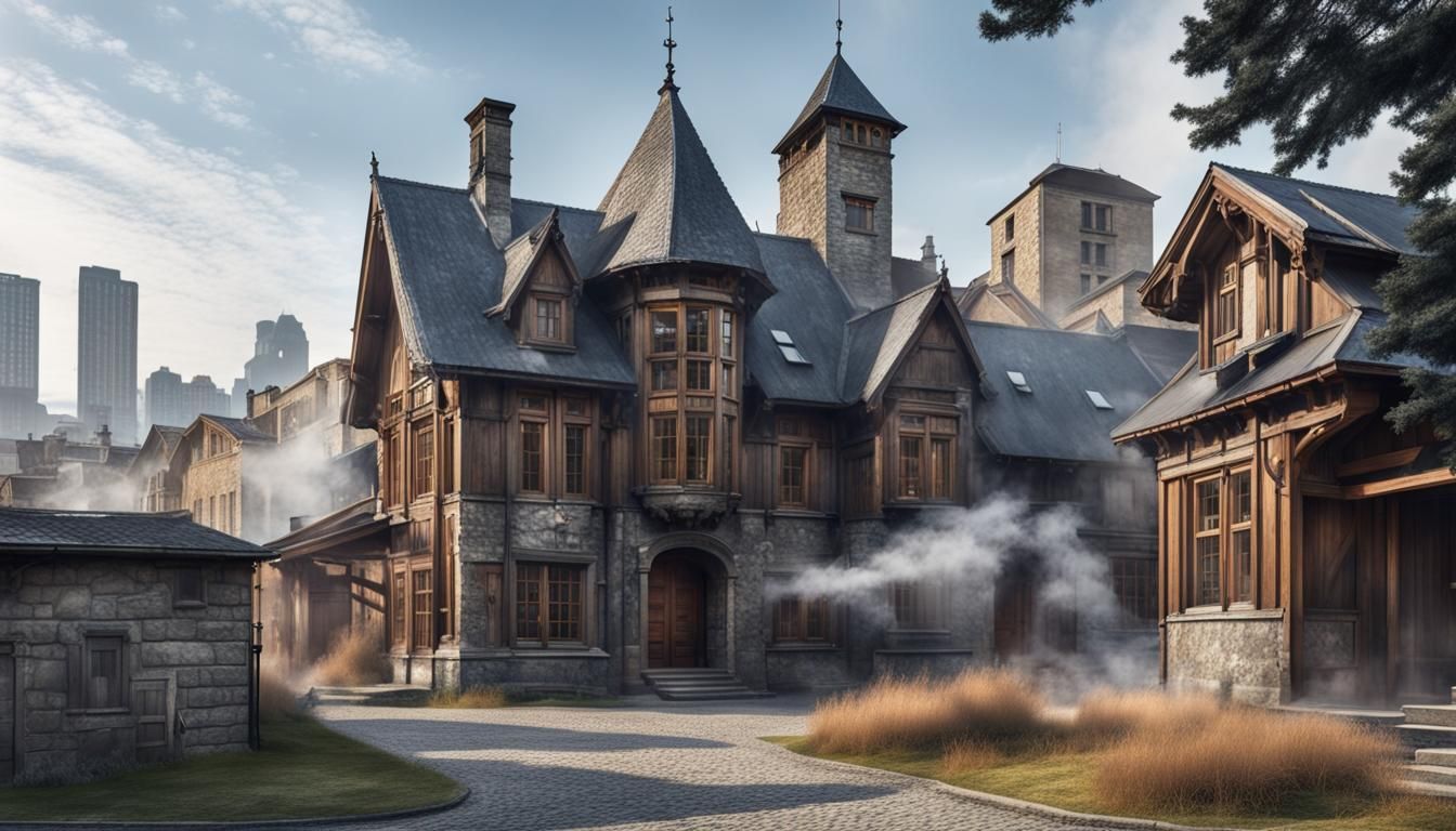 Realistic Stone Building with Timber Houses