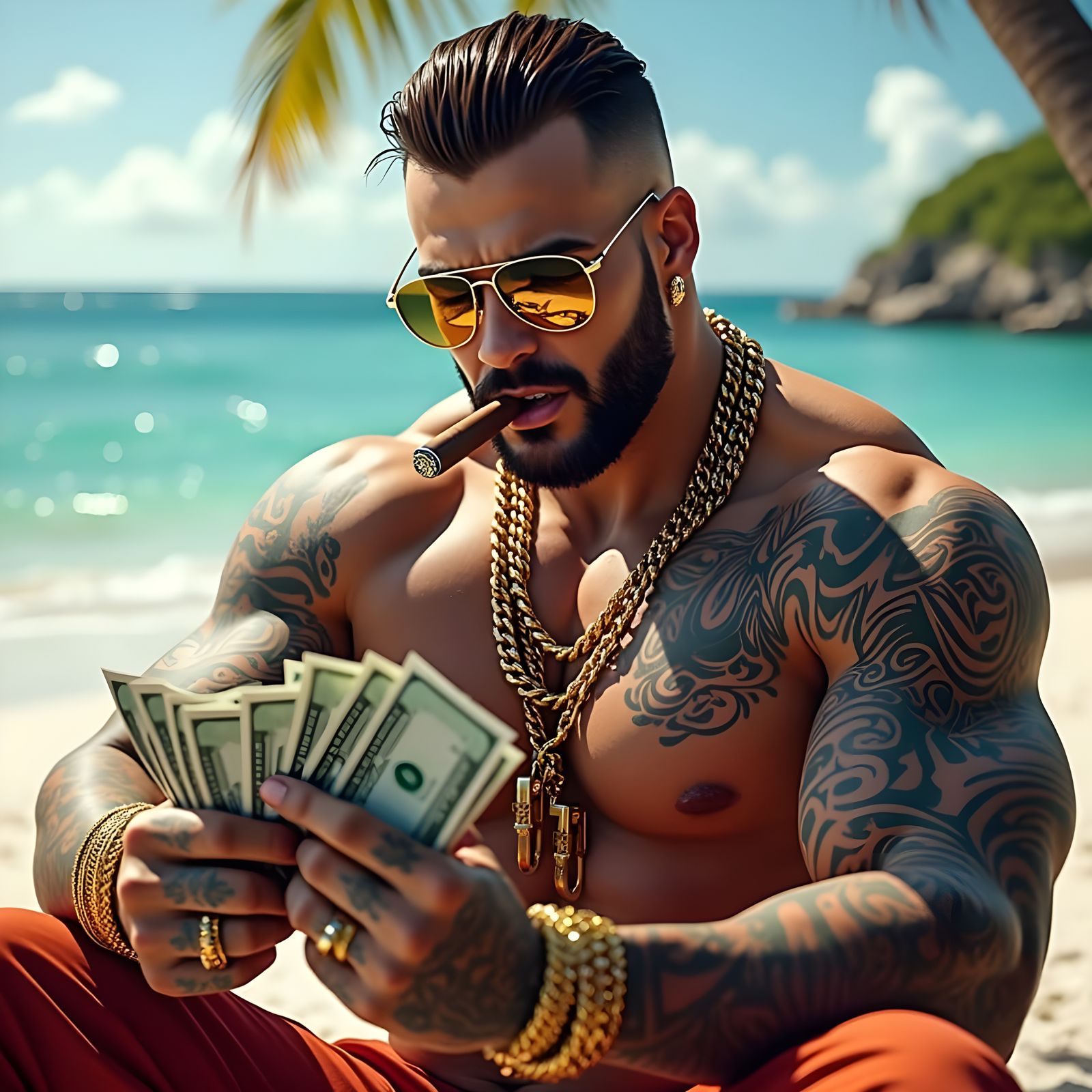 Confident Sigma Male Beach Scene in Hyper-Realistic Style