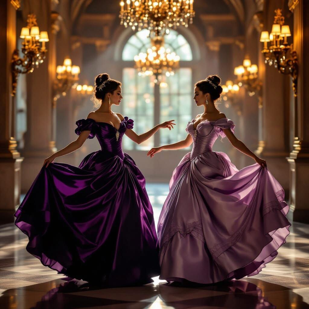 Baroque Oil Painting of Women Dancing in Purple Gowns
