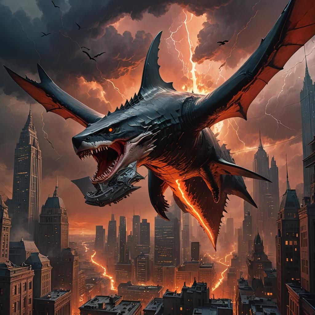 Shark-Eagle Hybrid Soars Over Gothic Cityscape