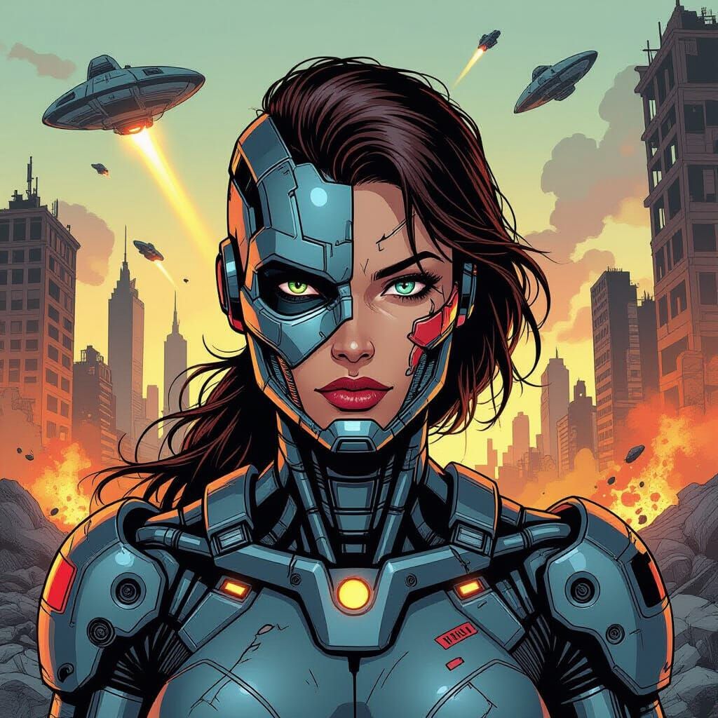 Cyborg Warrior Fights Aliens in Dystopian City Comic Style