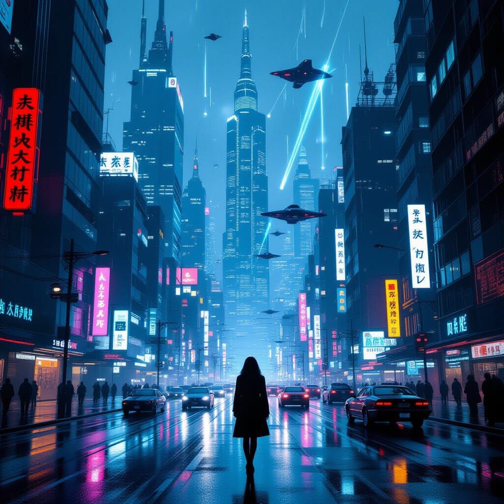 Lone Woman in Retro-Futuristic Metropolis
