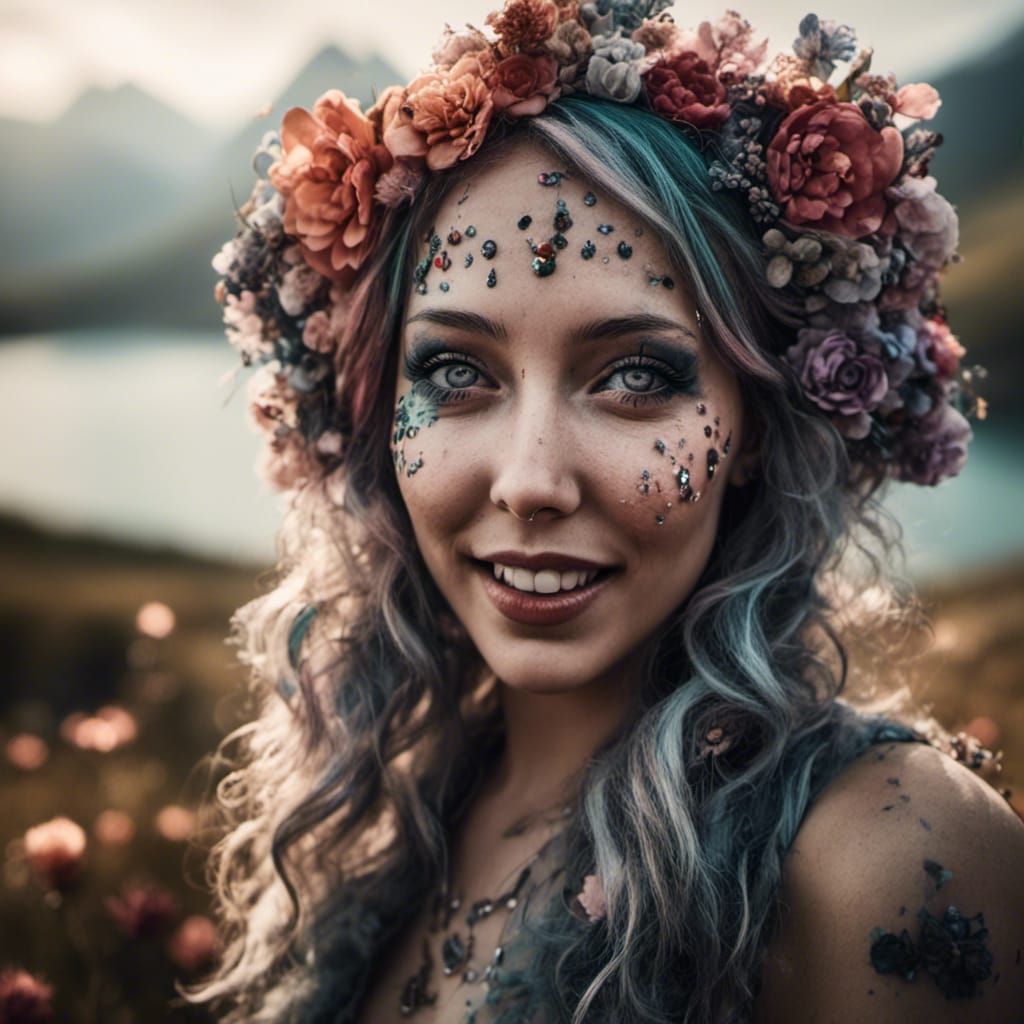 Hyperrealistic Panda Girl Portrait on Sunny Hill
