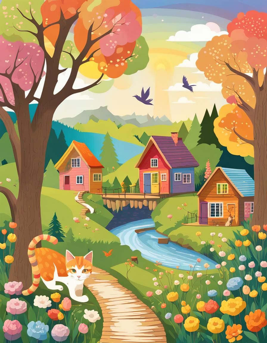 Enchanted Landscape with Cats in Gouache Style