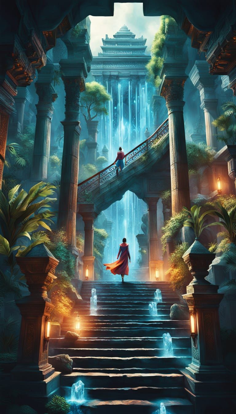 Ancient Temple Frenzy in Vibrant, Hyperrealistic Art