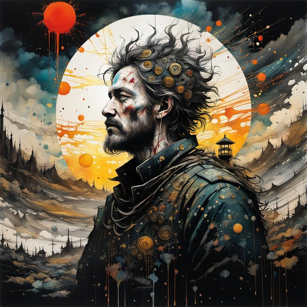 Whimsical Fool Observes Sunset in Encaustic Painting