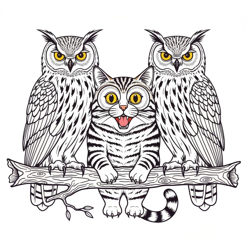 Whimsical Owls and Cat Illustration in Linear Style
