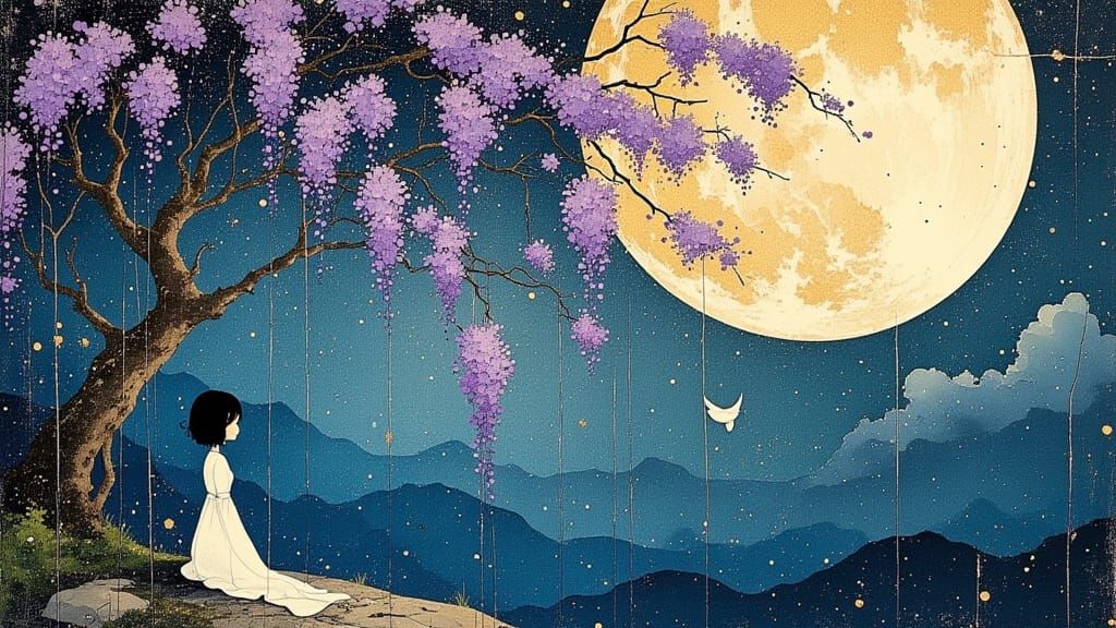 Yamato-e Wisteria Moonlight Scene